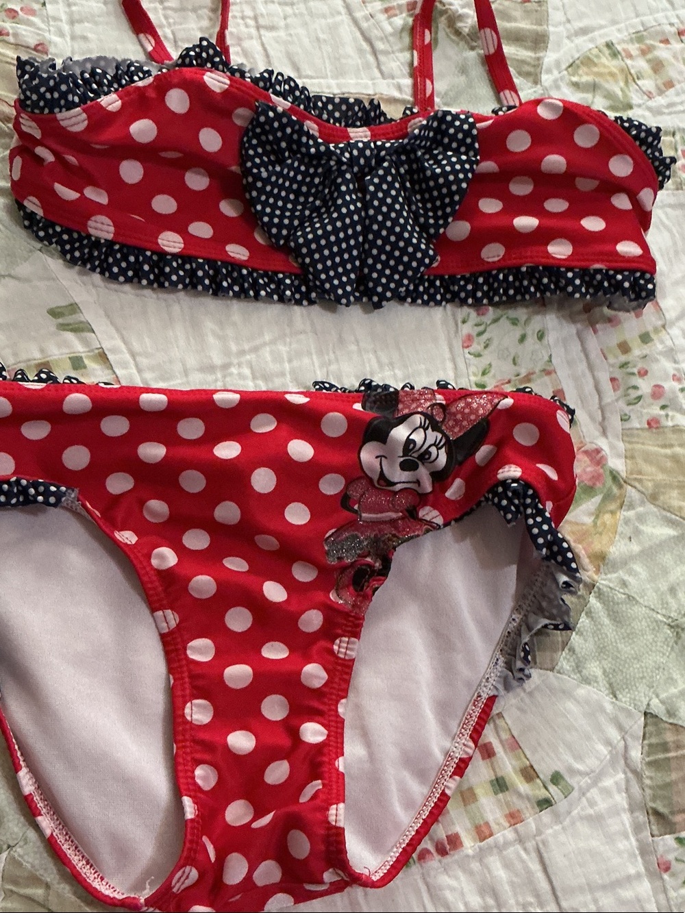 Disney Red and White Polka Dot Minnie Bikini with Navy Trim and Bow